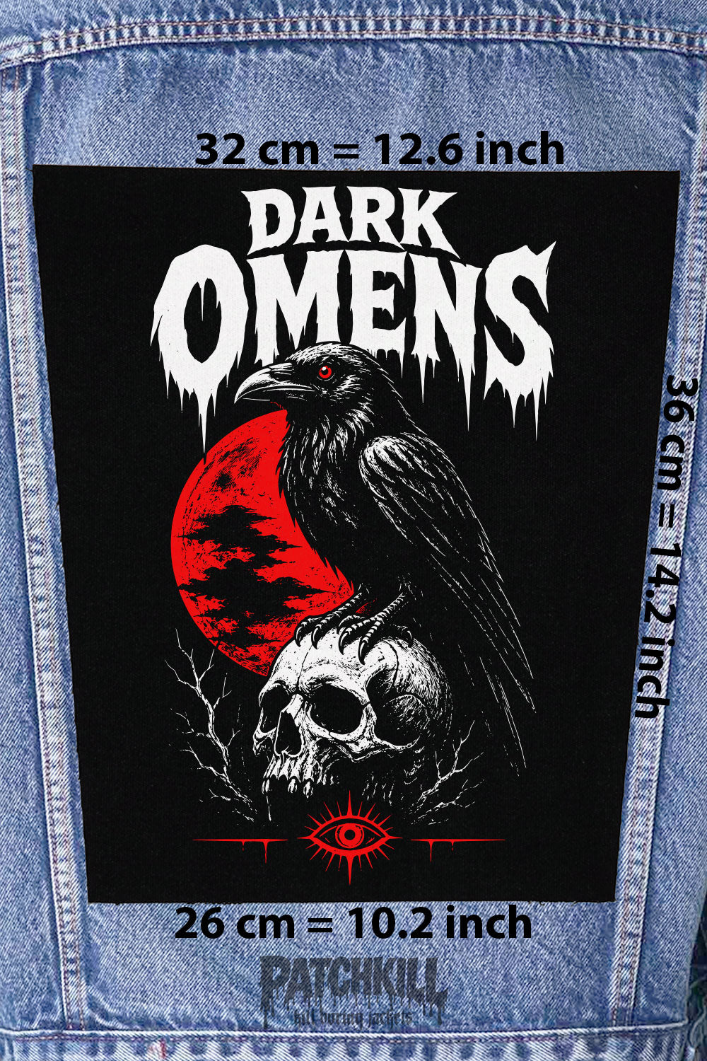 dark omens raven skull gothic back patch blood moon large backpatch red black design for denim jacket