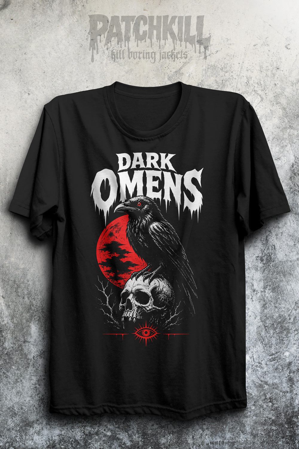 dark omens raven skull t-shirt gothic black unisex graphic tee red moon horror design