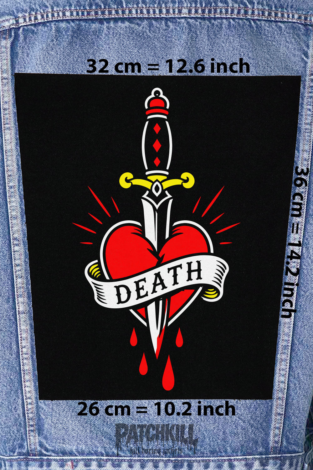 death heart dagger tattoo style back patch large backpatch red black design for denim jacket