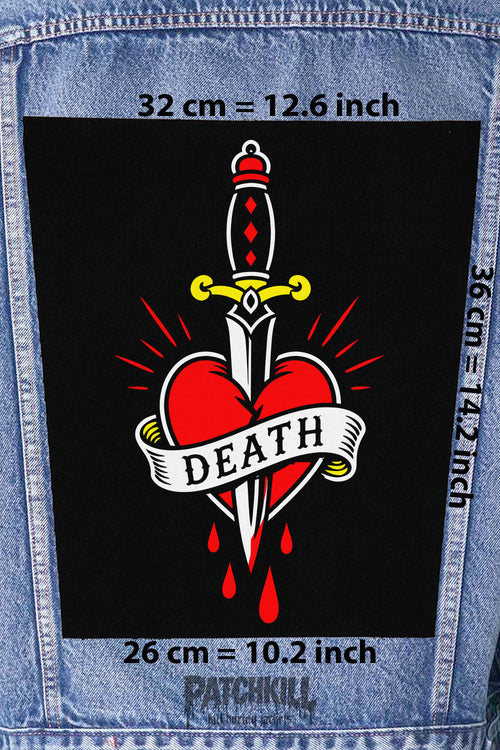death heart dagger tattoo style back patch large backpatch red black design for denim jacket