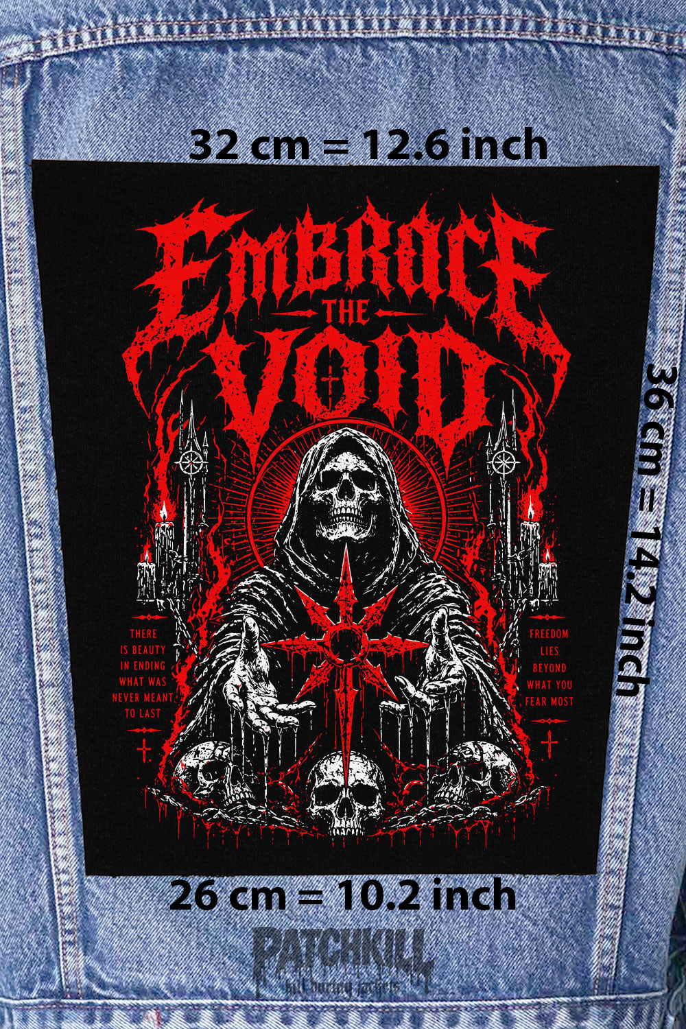 embrace the void gothic back patch red skull reaper large backpatch black red design for denim jacket