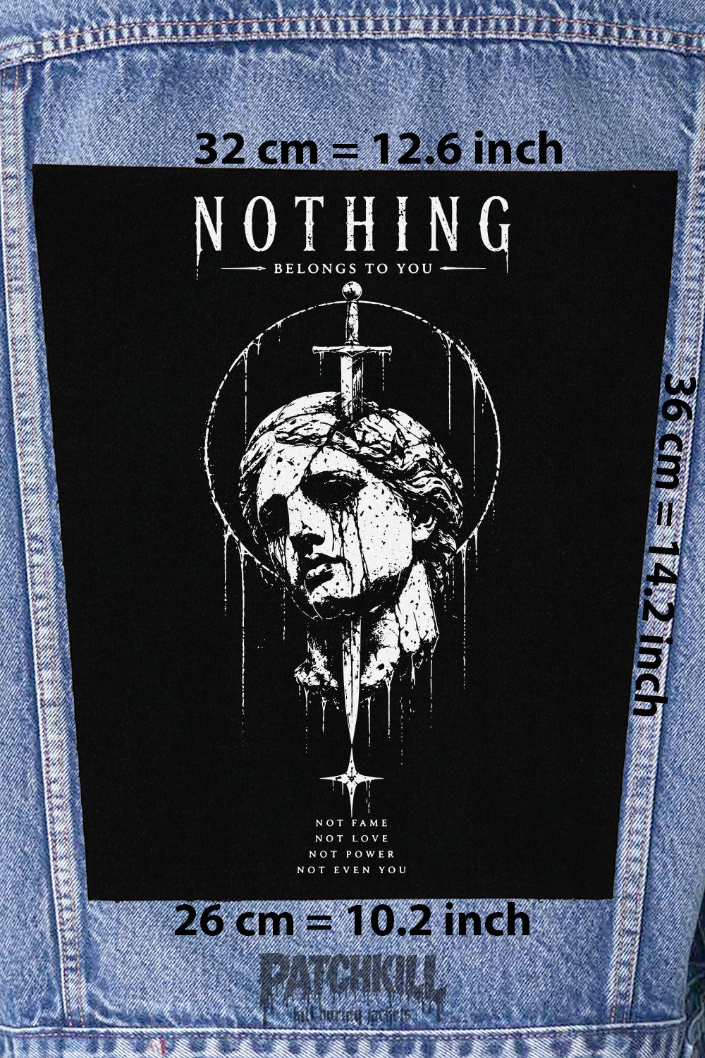gothic sword statue back patch nothing belongs to you large backpatch black white design for denim jacket