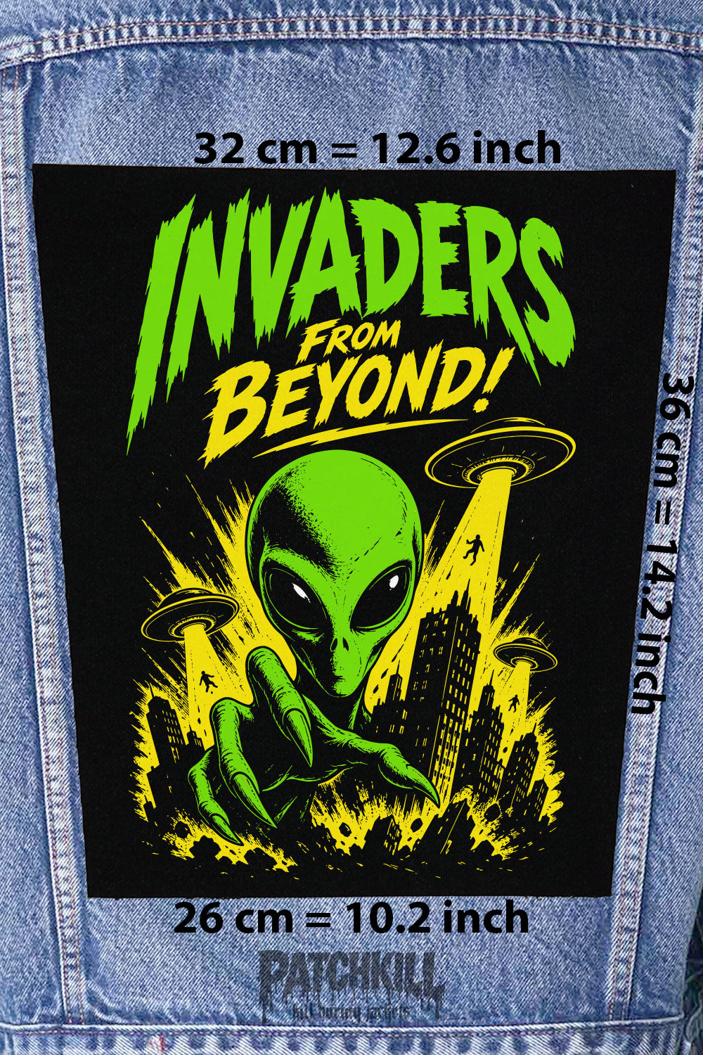 invaders from beyond alien horror back patch neon green ufo large backpatch for denim jacket