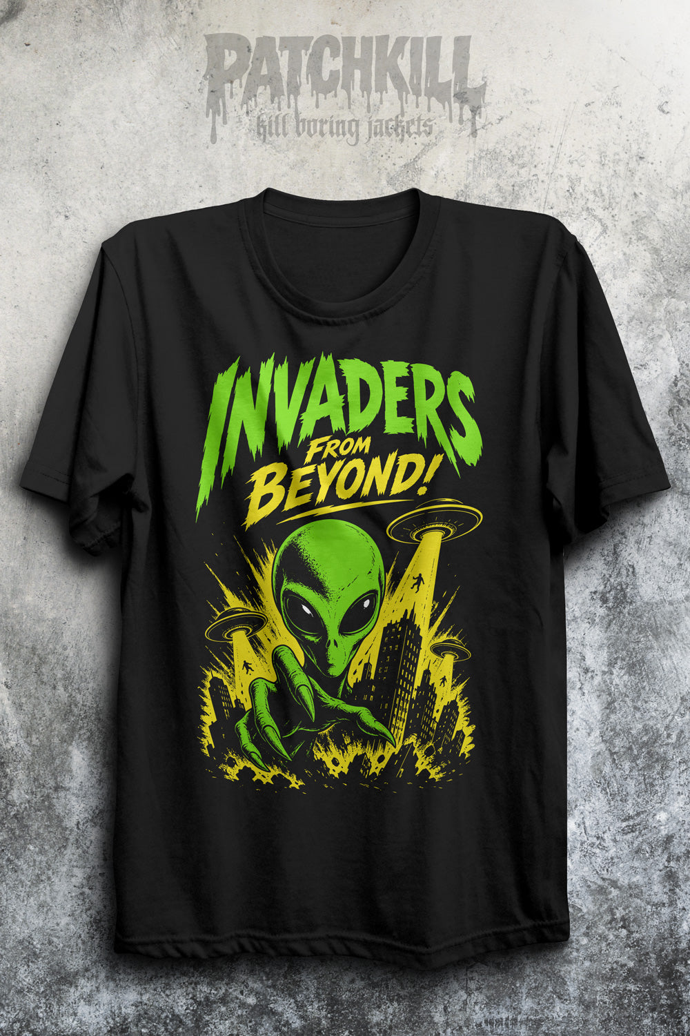 alien invasion t-shirt retro sci fi graphic black unisex tee ufo streetwear design