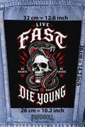 live fast die young skull snake back patch tattoo style large backpatch black red design for denim jacket