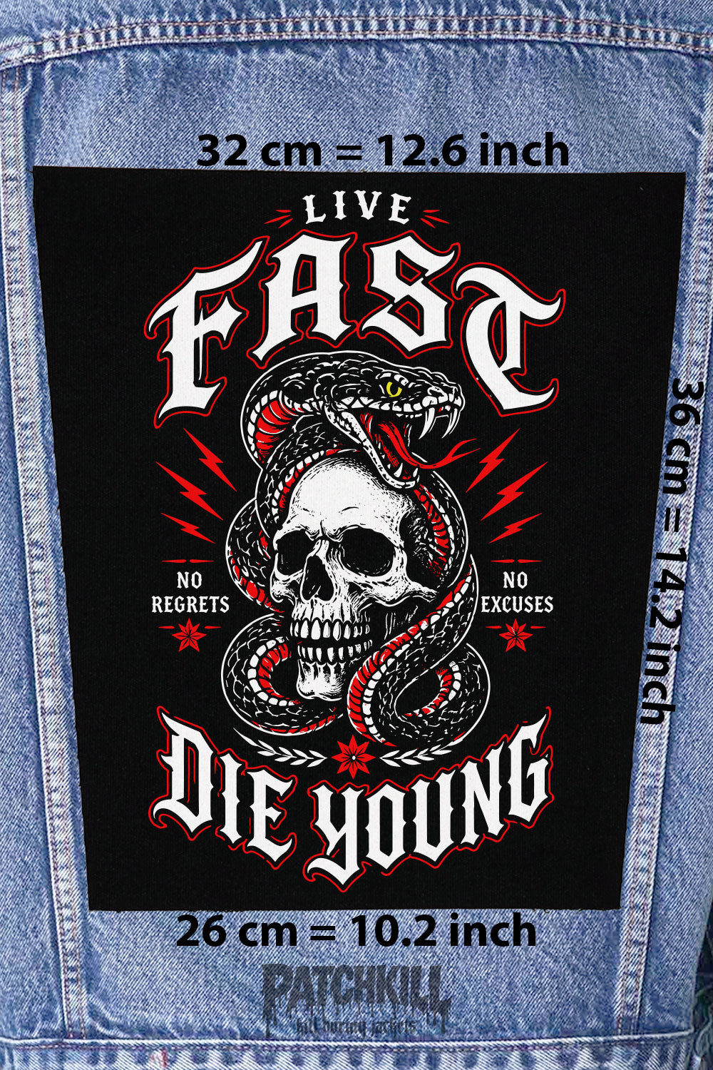 live fast die young skull snake back patch tattoo style large backpatch black red design for denim jacket