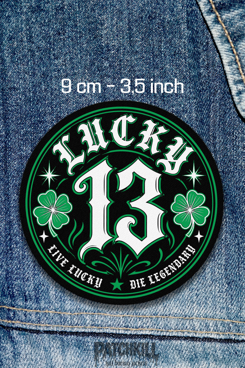 Lucky 13 clover circle patch with gothic lettering, green shamrocks, biker style design, and black background on denim jacket