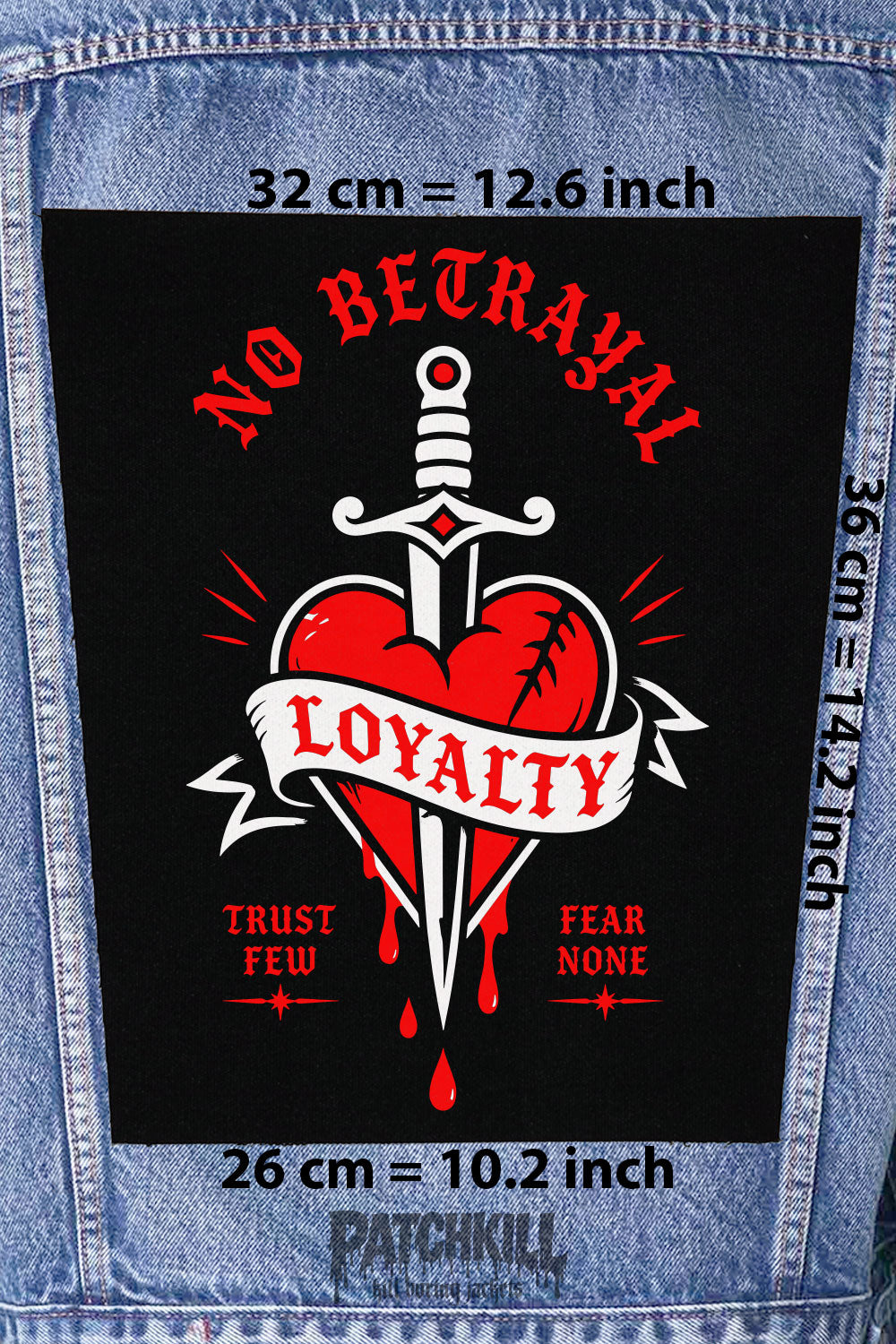 no betrayal loyalty heart dagger back patch tattoo style large backpatch red black design for denim jacket