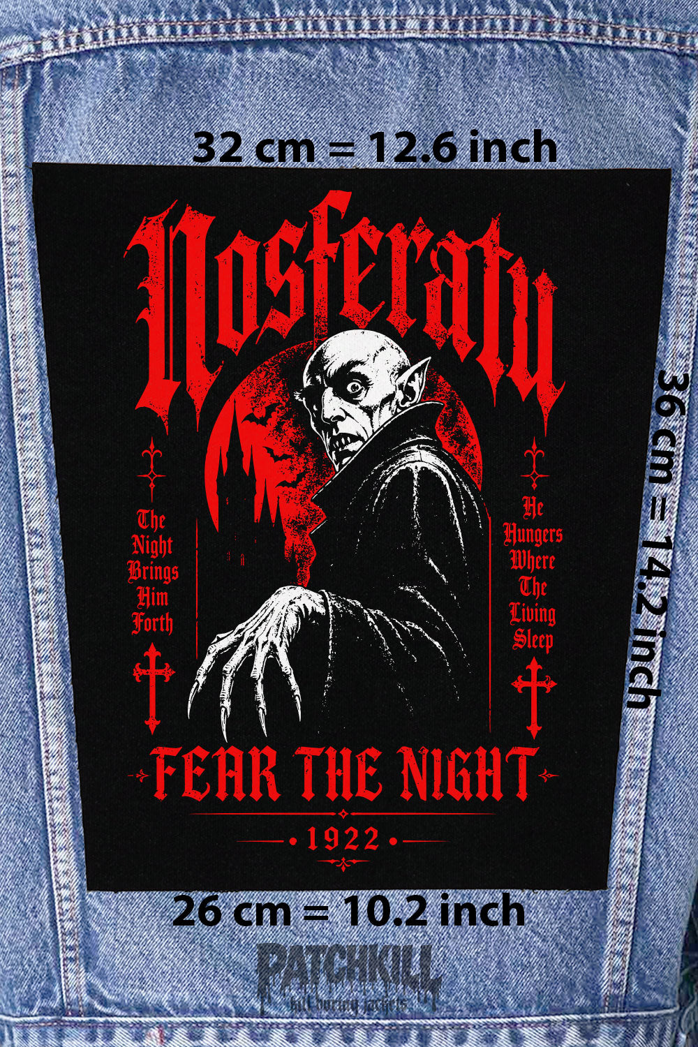 nosferatu gothic back patch vampire horror fear the night large backpatch red black design for denim jacket