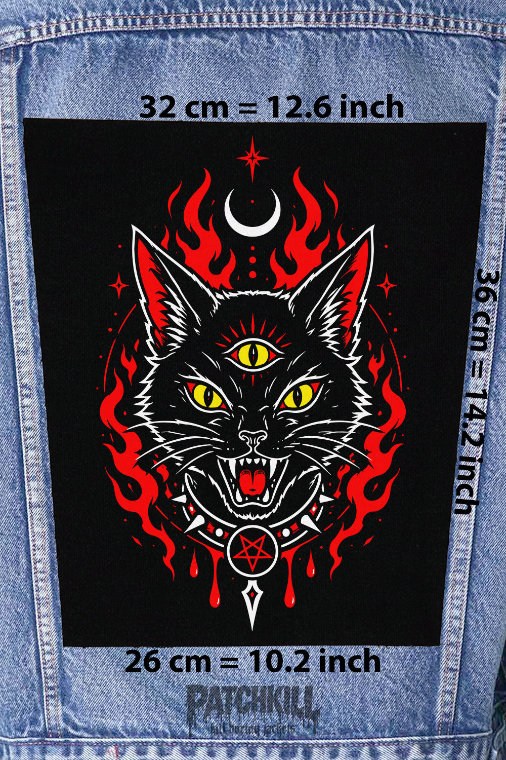 occult black cat third eye gothic back patch pentagram large backpatch red black design for denim jacket