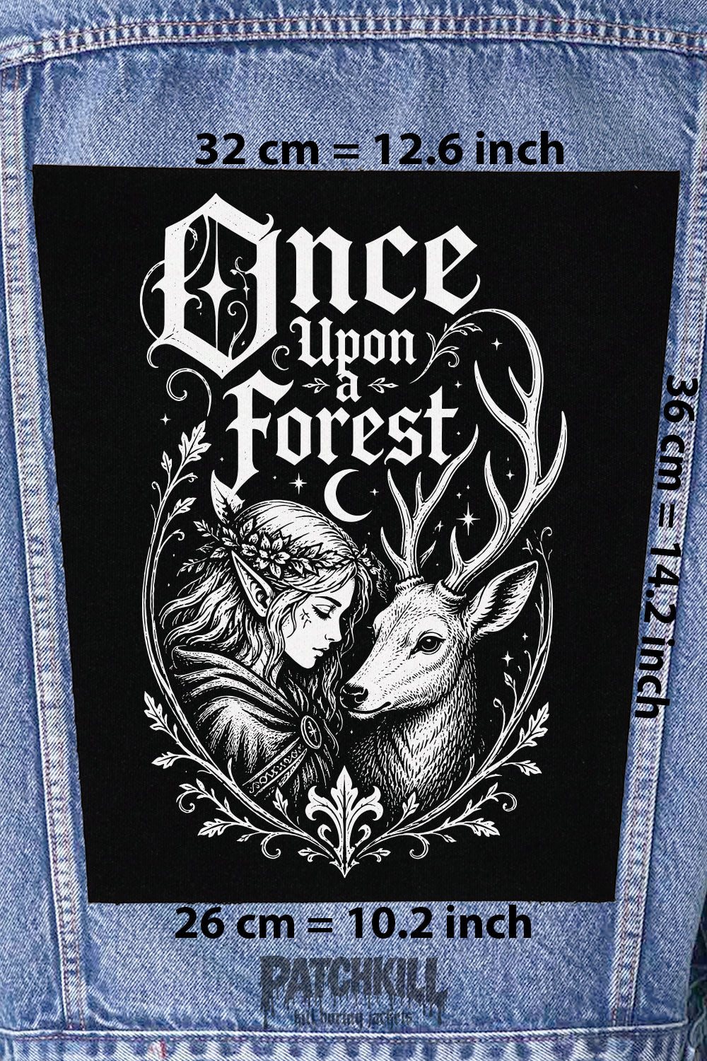 once upon a forest gothic back patch elf deer fantasy large backpatch black white design for denim jacket