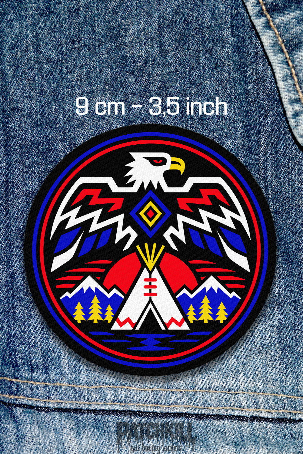 Thunderbird eagle circle patch with tribal geometric design, mountains, teepee, forest trees, and red blue black colors on denim jacket