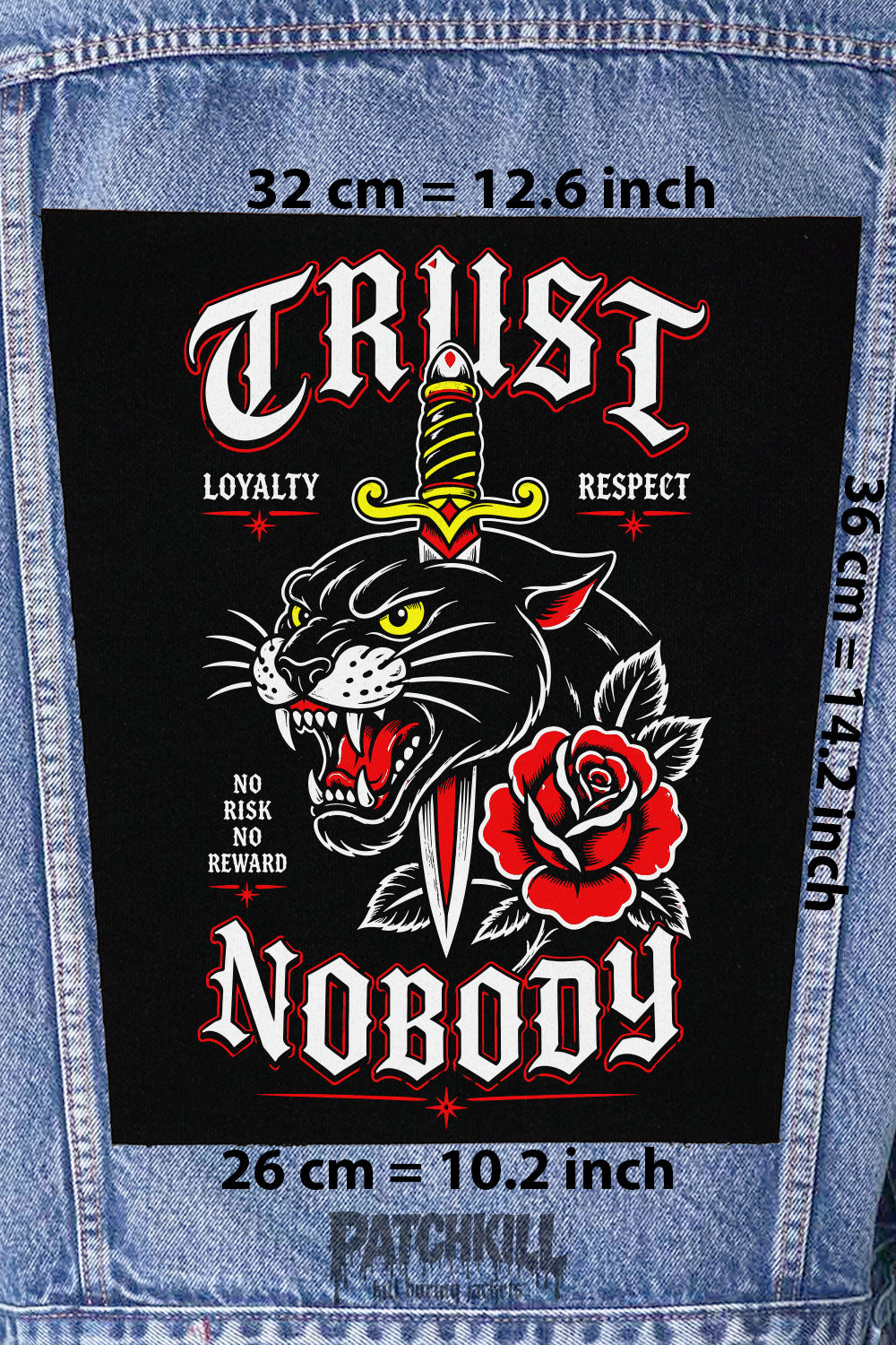 trust nobody panther dagger back patch tattoo style large backpatch black red design for denim jacket