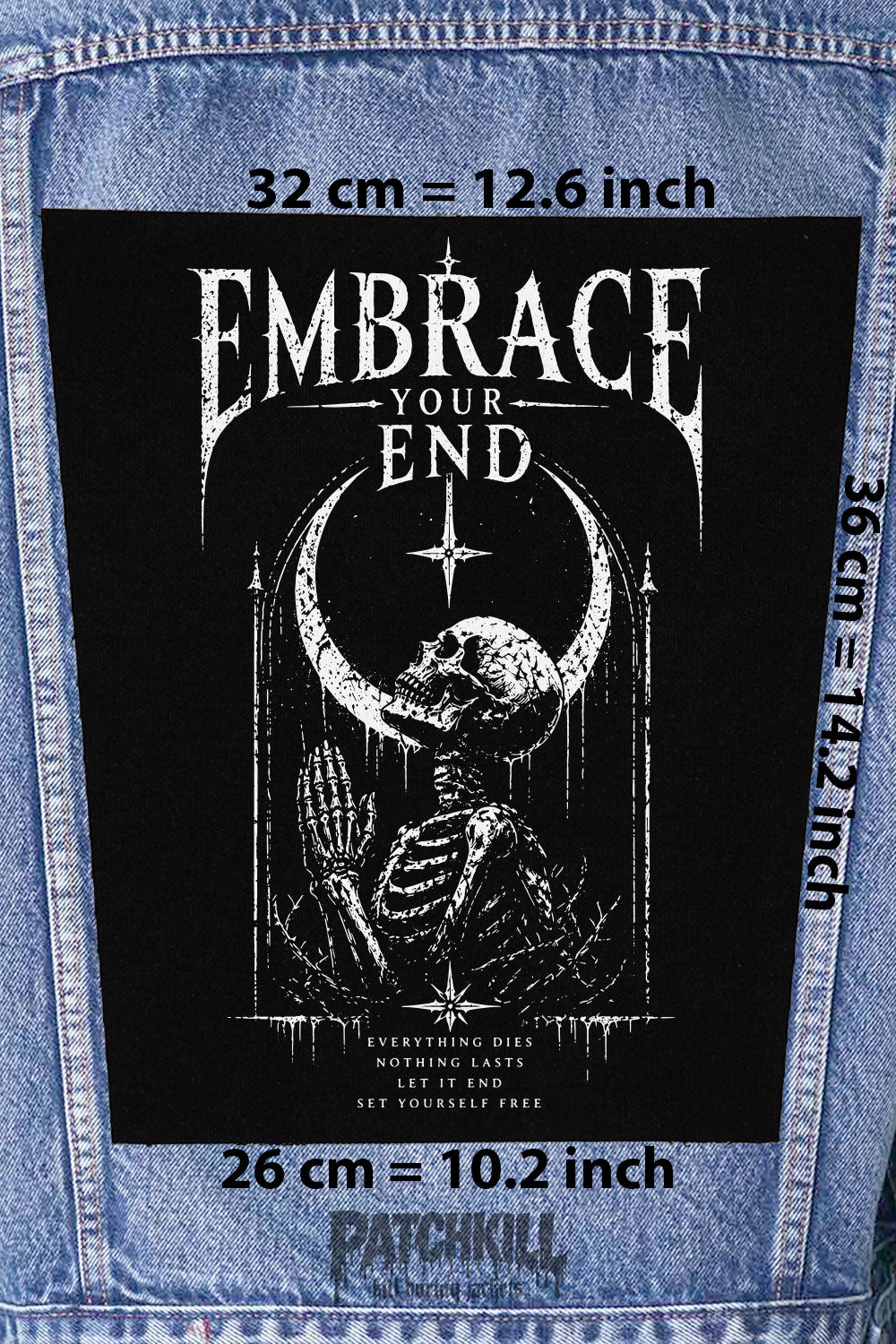 Gothic Skull Back Patch "Embrace Your End" Large Backpatch